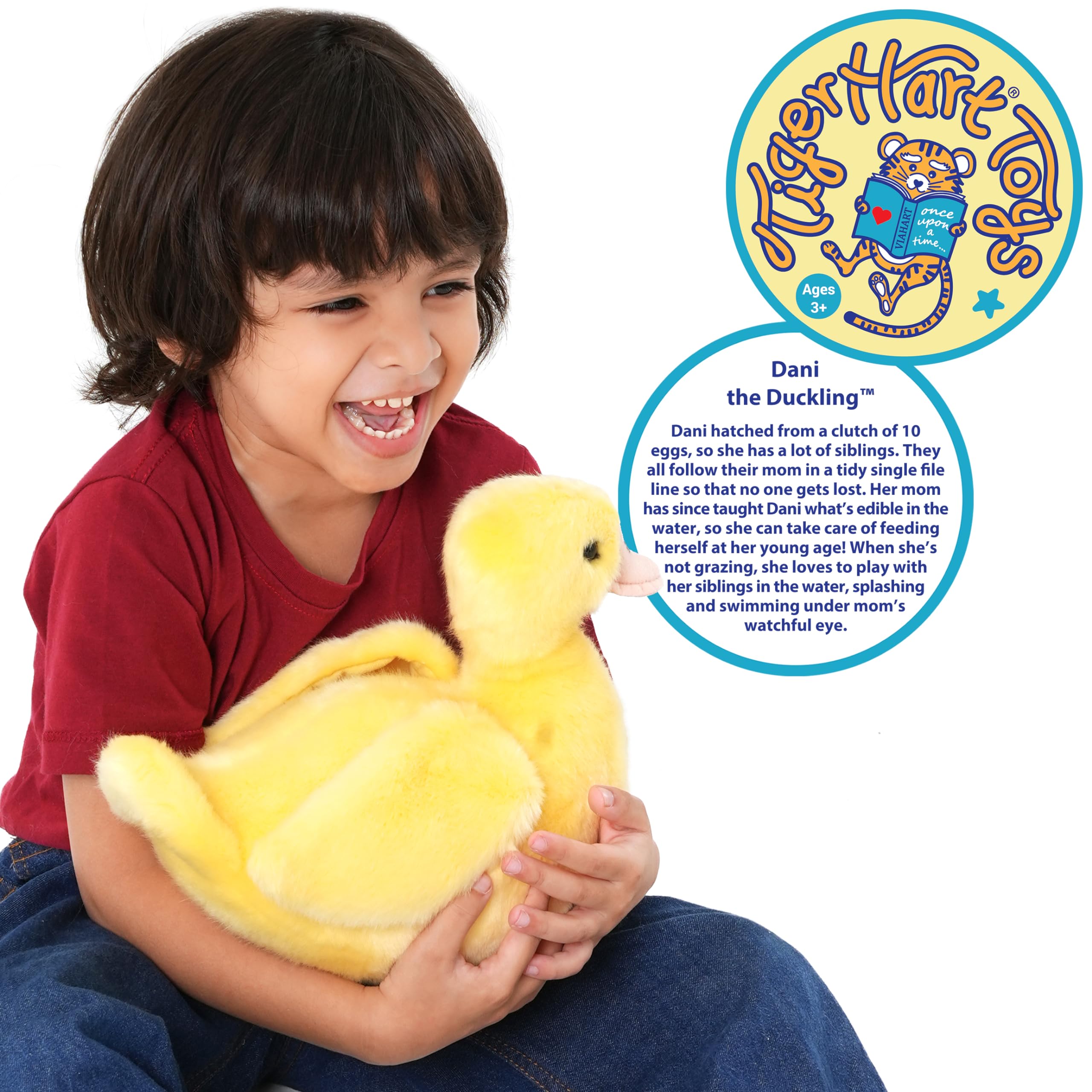 TigerHart Dani duckling plush in a hugging pose highlighting its huggable design.