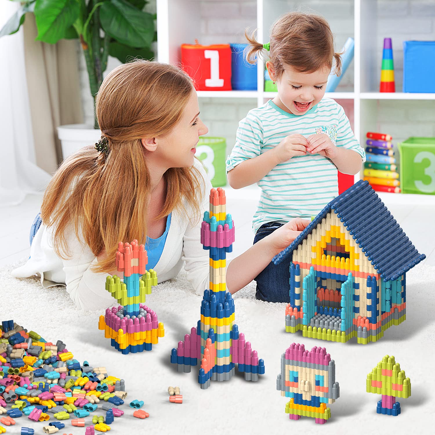 Tigerhu blocks organized with a canvas bag for easy cleanup after family construction.