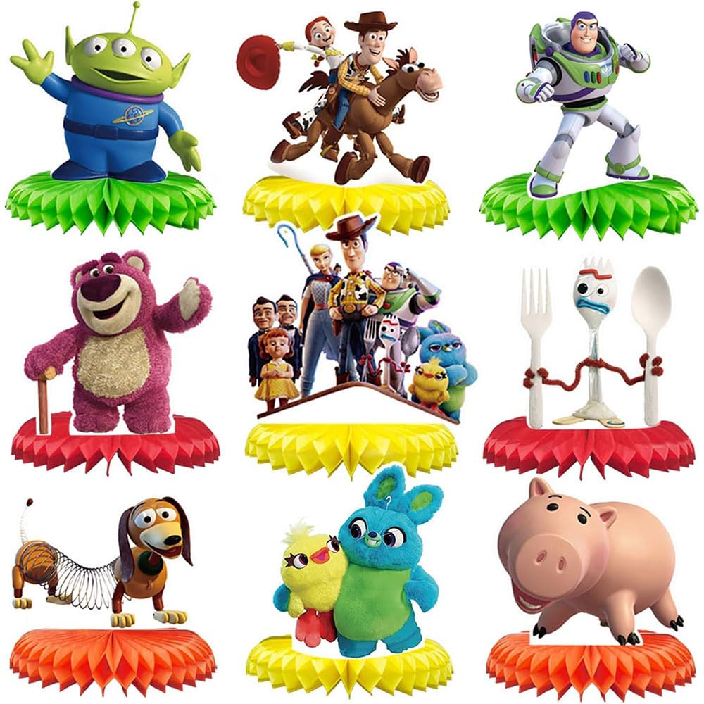Tihufe Toy Story honeycomb centerpiece, bold colors for a lively party table.