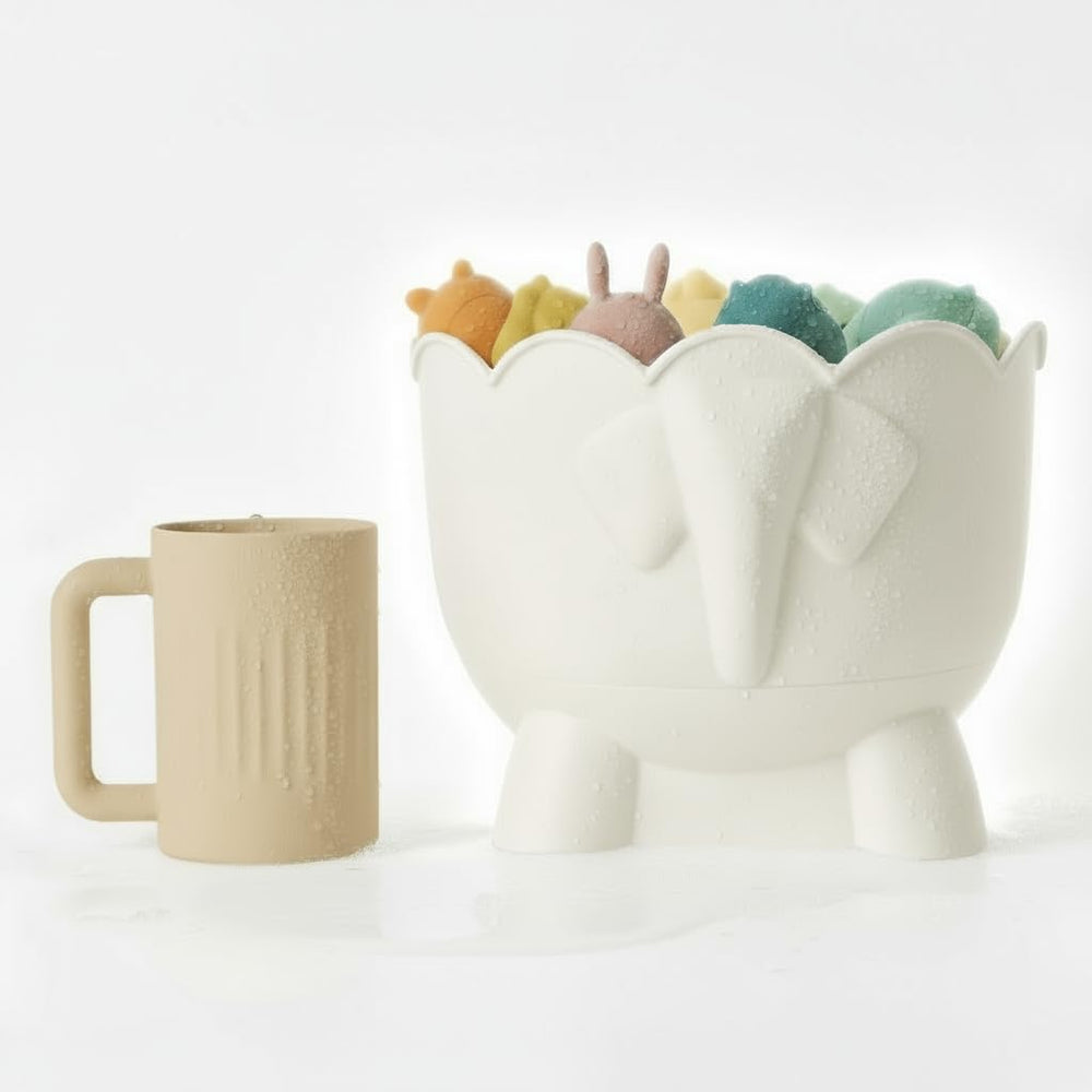 Tiipi Bath Buddy Elephant storage keeps bath toys organized.