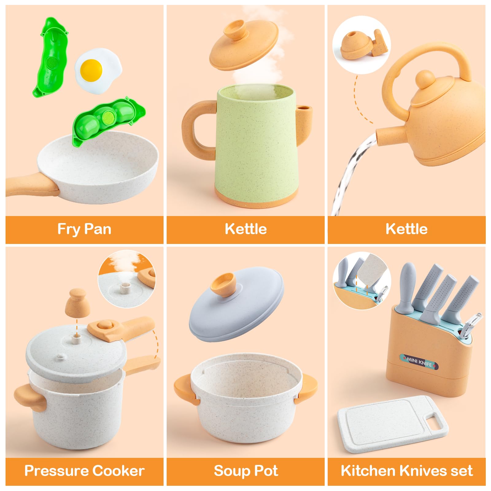 TIKJOYFUL eco-friendly wheat straw cookware in a colorful play kitchen