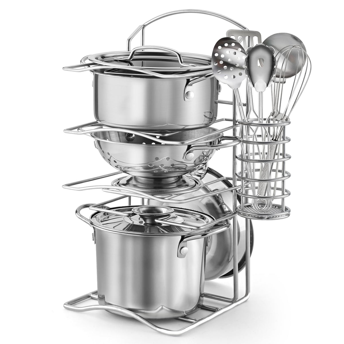 TikOnsYol 12Pcs pots-and-rack set for imaginative play and organization.