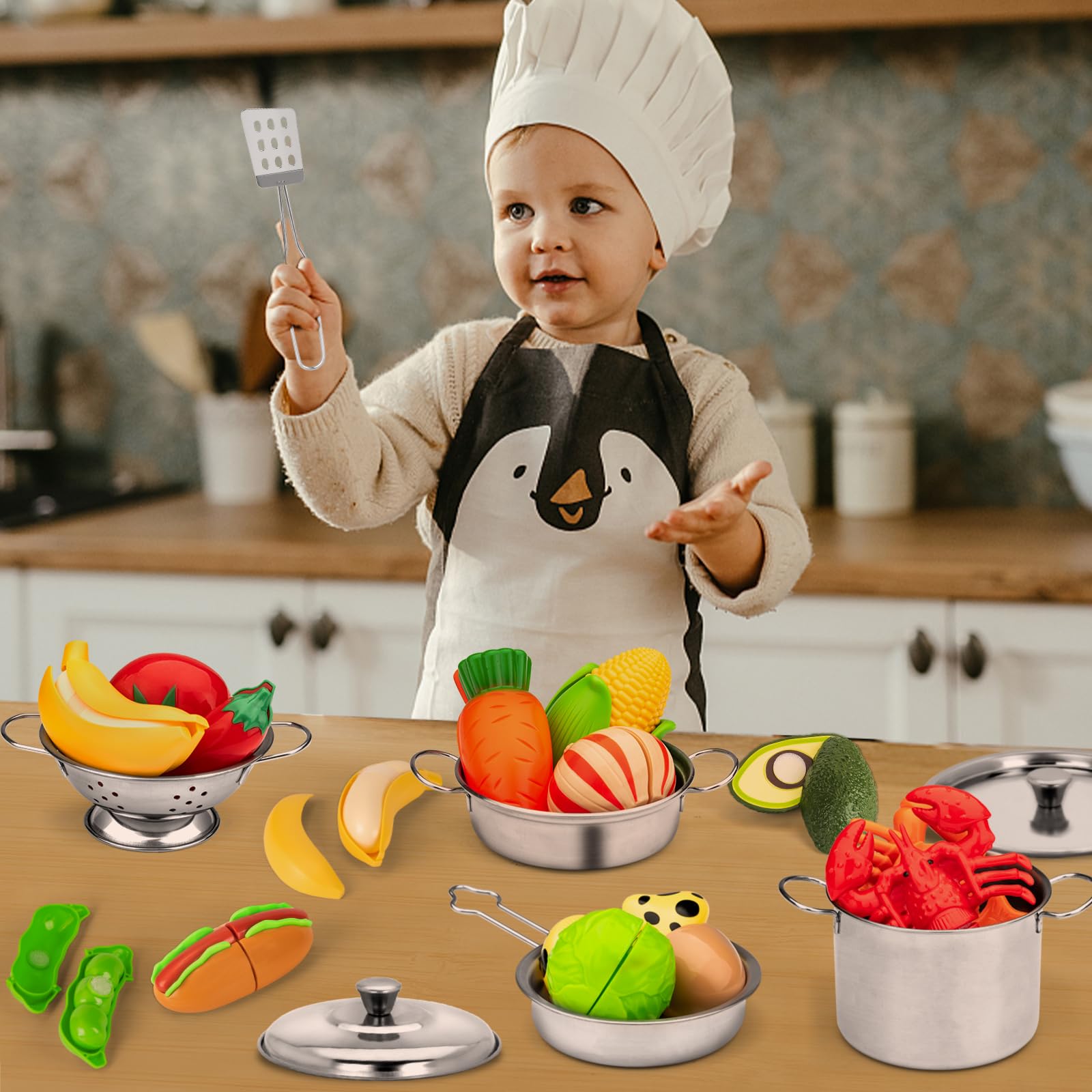 TikOnsYol four pots and pans set for varied pretend cooking scenarios.
