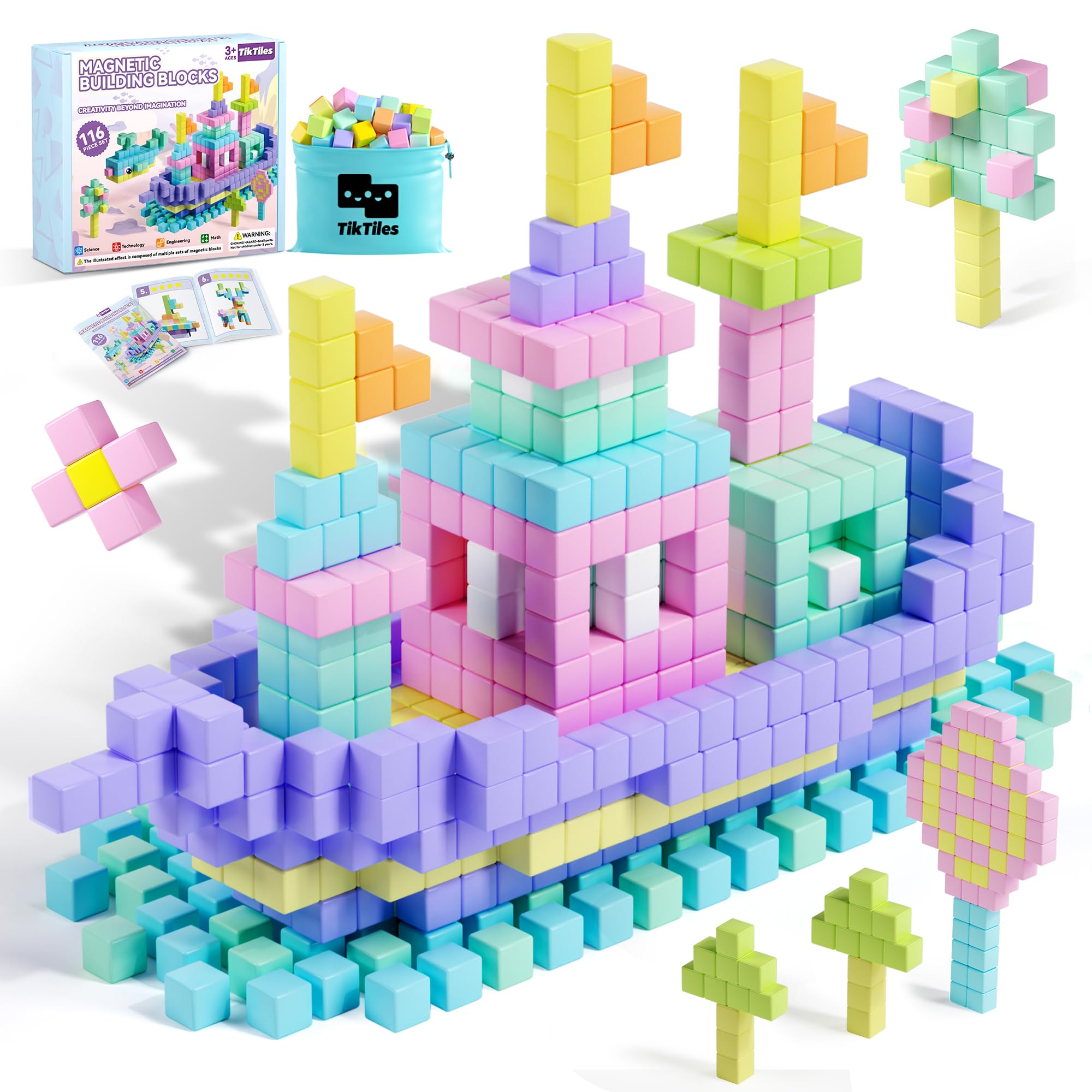 TikTiles 116-piece magnetic blocks showcase bright macaron colors for creative play and STEM exploration.