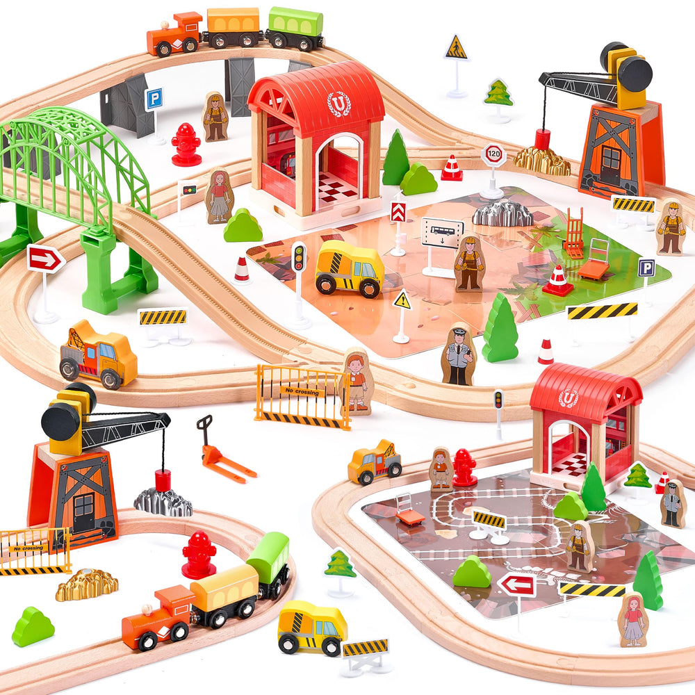 TikTiles wooden train set with double-sided puzzle boards for versatile play