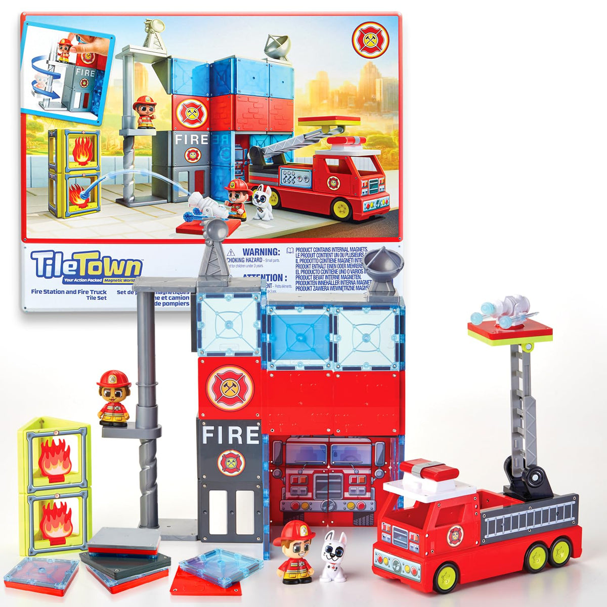 Tile Town Fire Station magnets create a vivid firefighter world for kids.