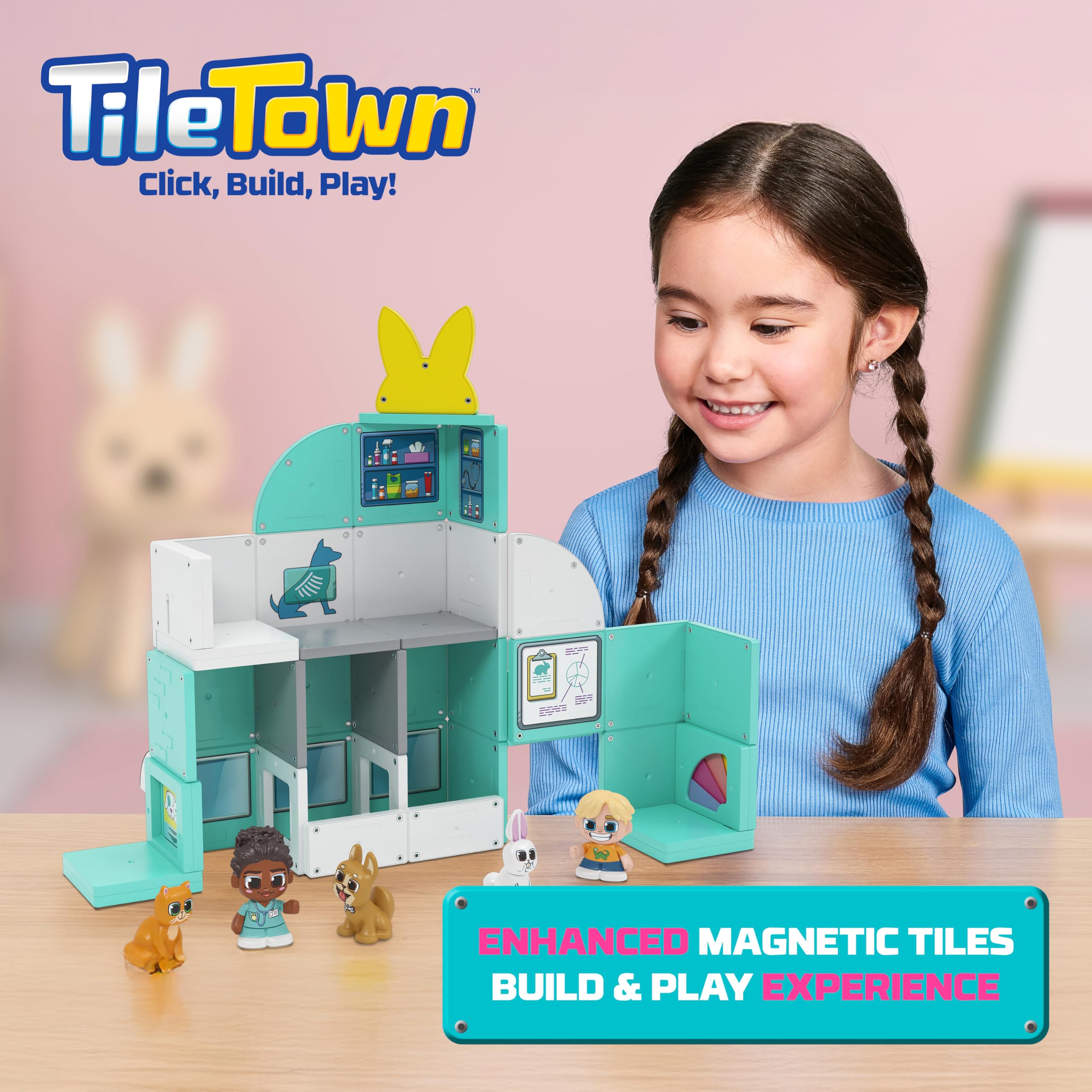 Tile Town Pet Vet tiles laid out for creative building and cooperative play.