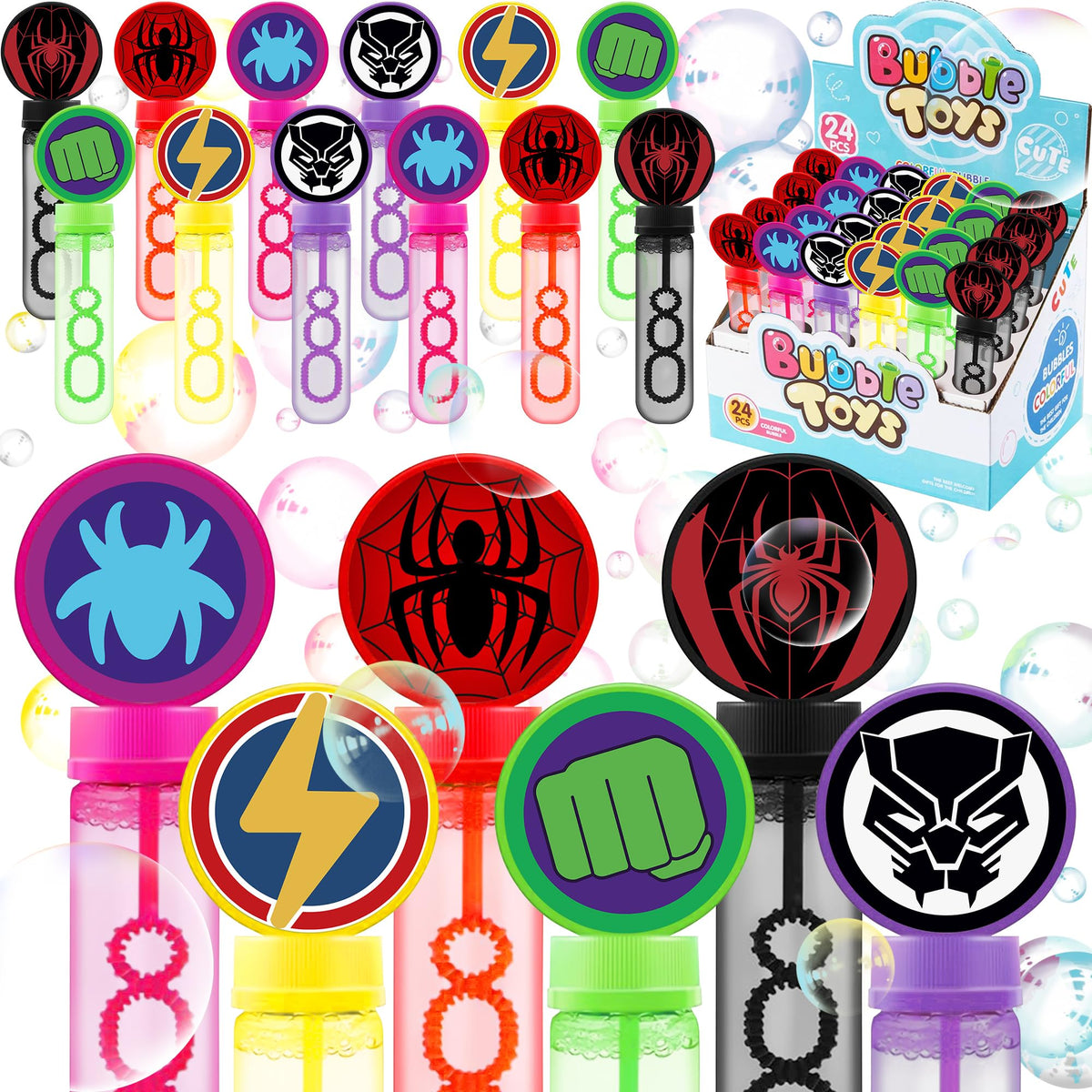 Time4Relax 24Pcs superhero bubble wands in a colorful box, perfect for party favors.
