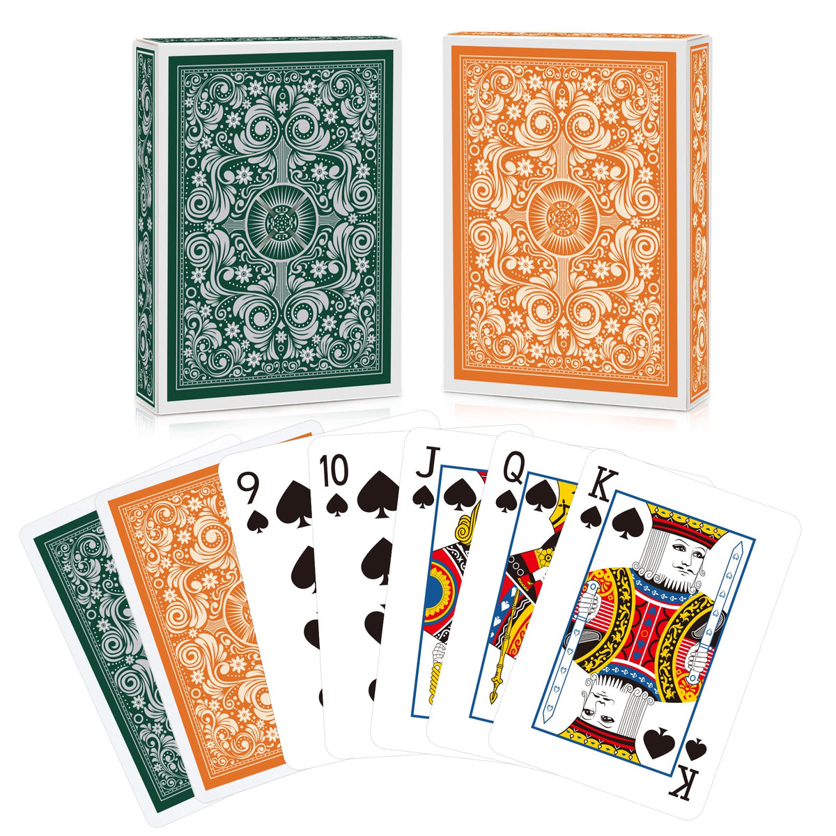 Timenued playing cards green-orange deck front view enhances game night variety.