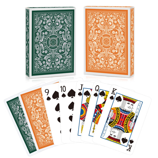 Timenued playing cards green-orange deck front view enhances game night variety.