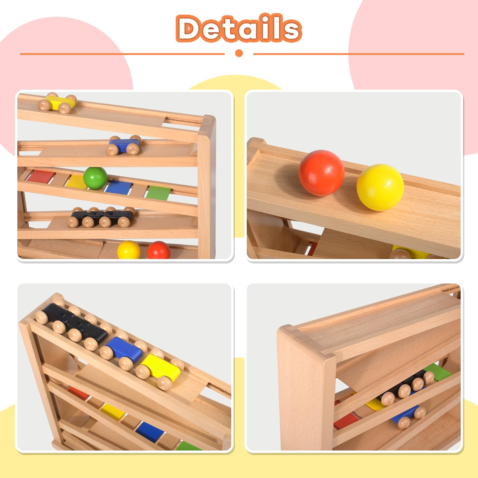 Timfuis wooden car ramp balls closeup shows safe, non toxic accessories