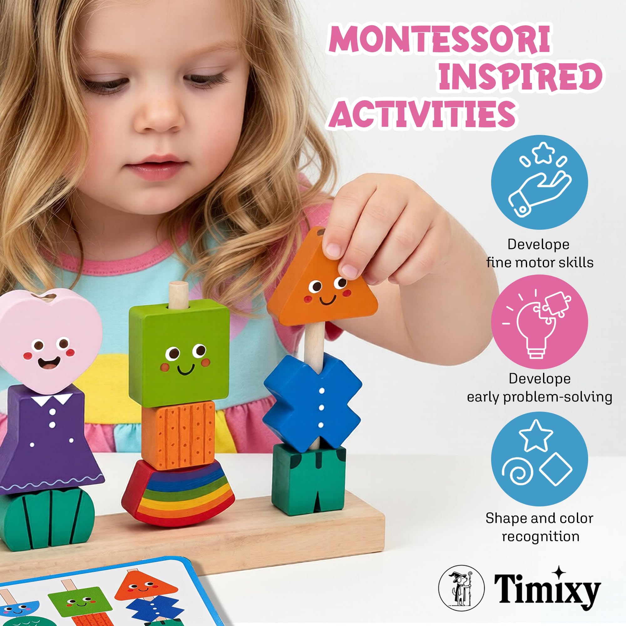 Timixy color-shape recognition pieces foster early math and classification.