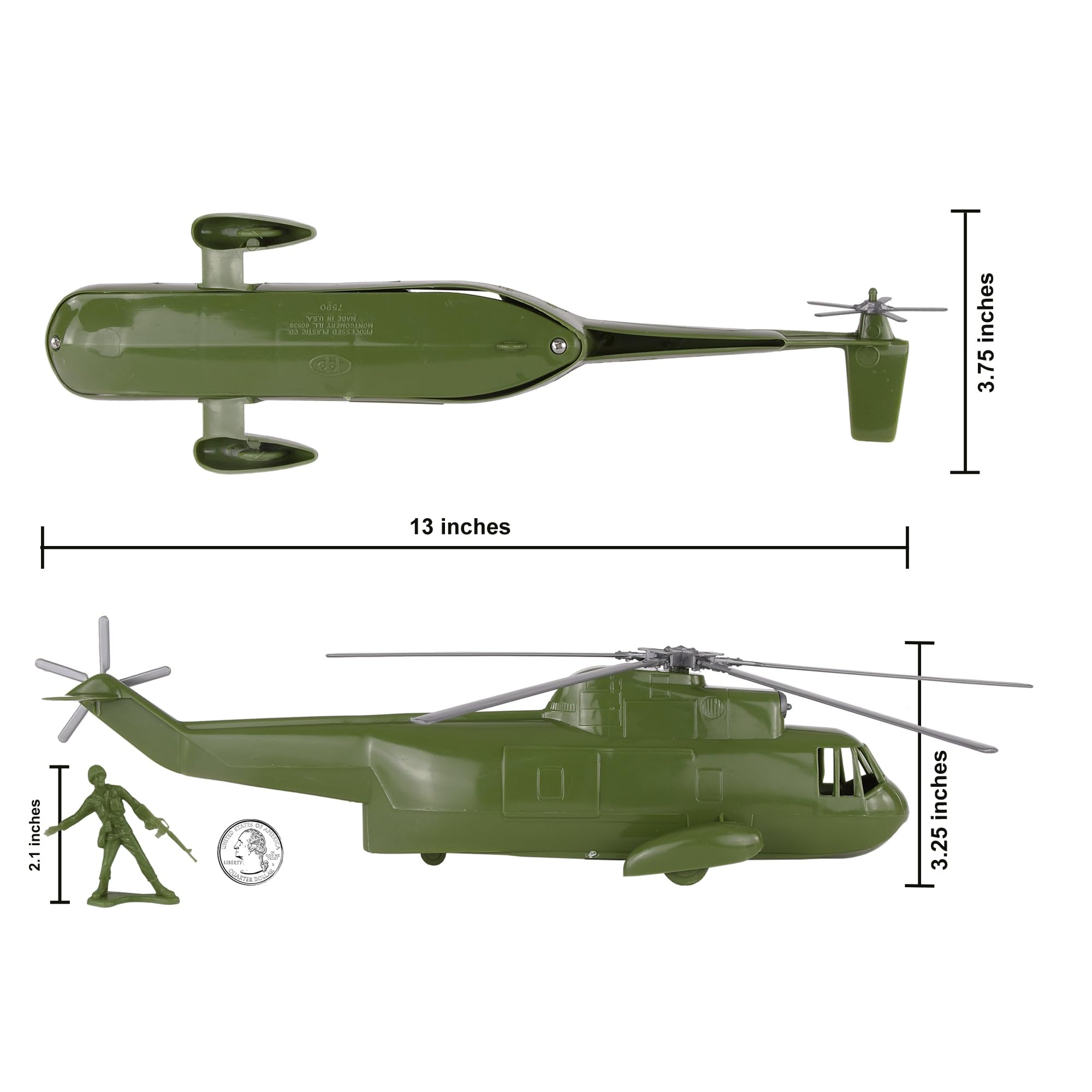 TimMee Toy OD-green helicopter image highlights authentic scale for imaginative warfare scenes.