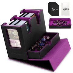 TiMOVO MTG deck box front view with leather finish and secure magnetic closure for travel.