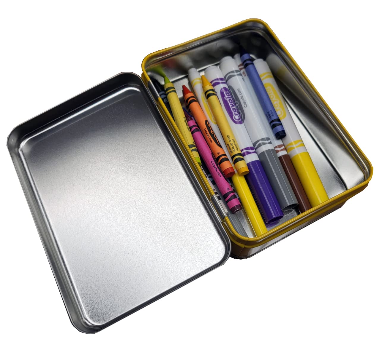 The Tin Box Crayola storage dimensions 4-1/4 x 6-1/4 x 2-1/8 inches.