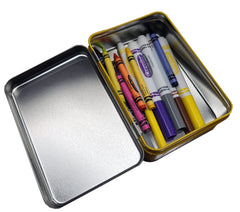 The Tin Box Crayola storage dimensions 4-1/4 x 6-1/4 x 2-1/8 inches.