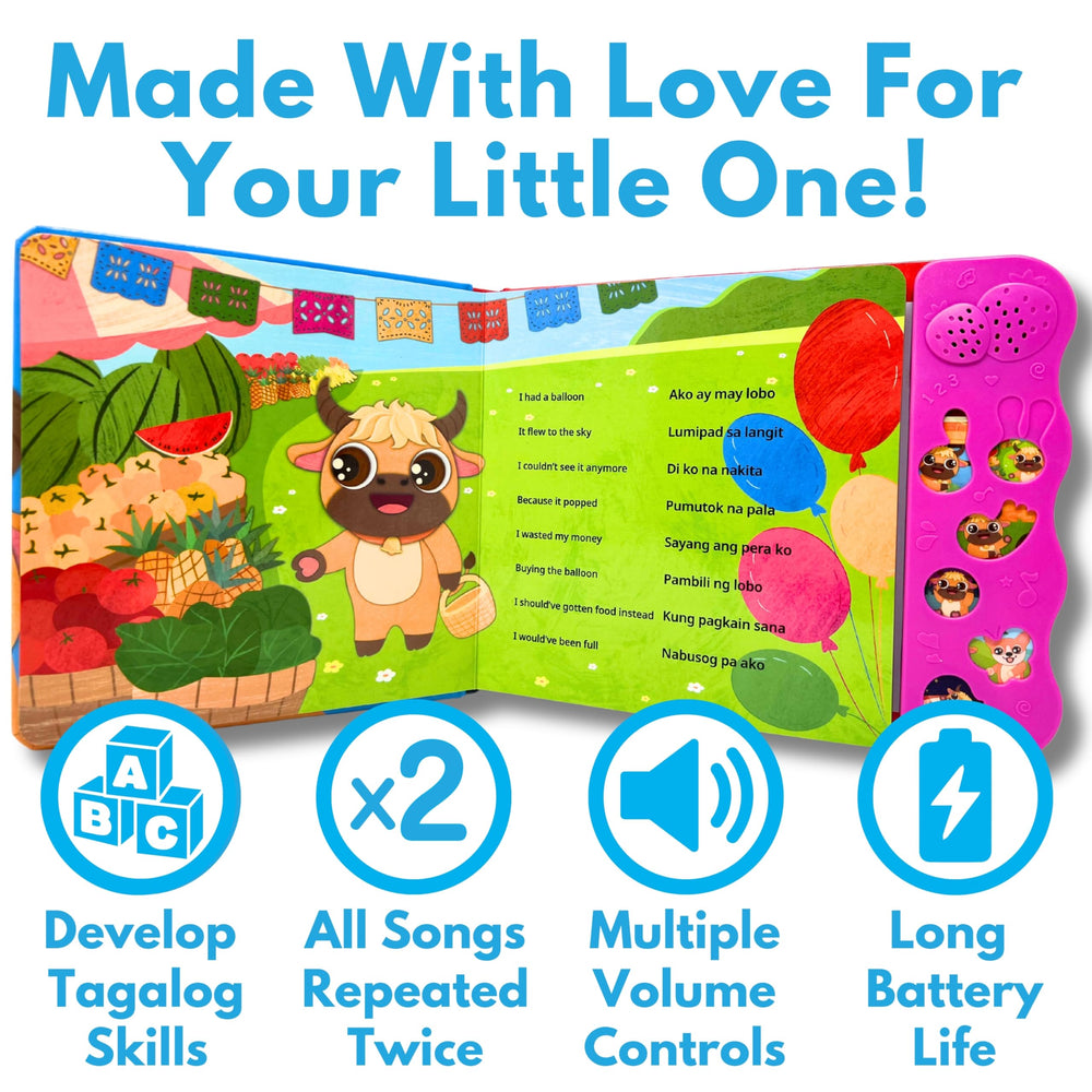 Tin Tin Learns Tagalog built-in-batteries ready for playtime listening sessions.