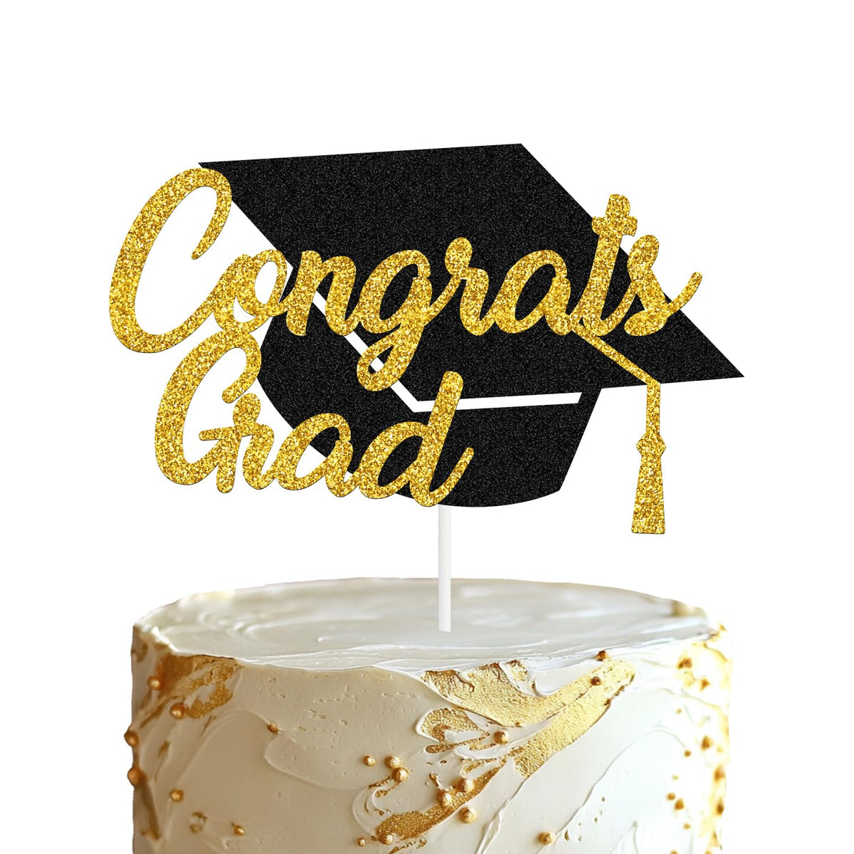 Tinbax Graduation cake topper, front view, adds festive sparkle to celebrations.