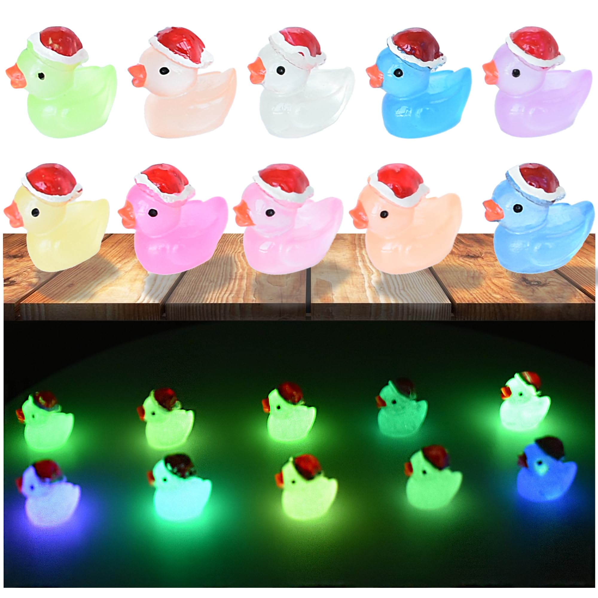 Tindobewan glow duck with Christmas hat miniature for slime crafts and dollhouses.