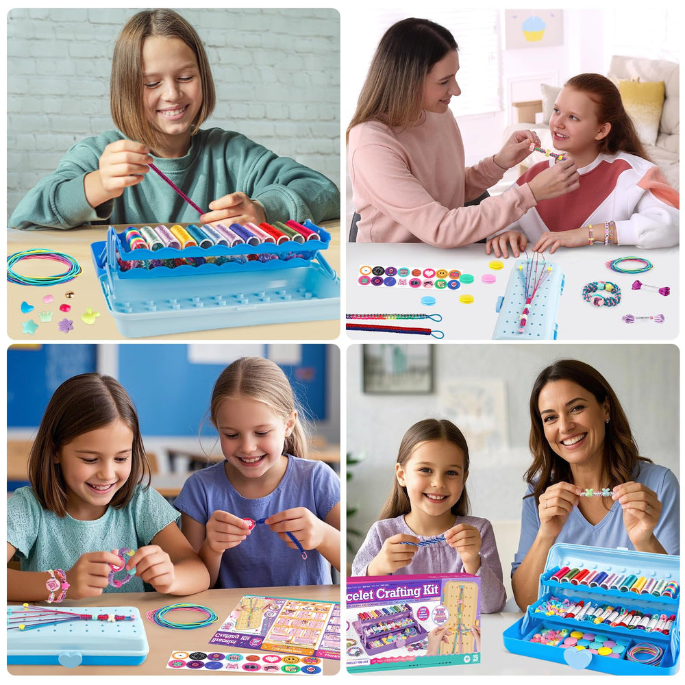 Assorted beads, buttons, and elastic strings for varied bracelet styles.