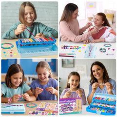 Assorted beads, buttons, and elastic strings for varied bracelet styles.