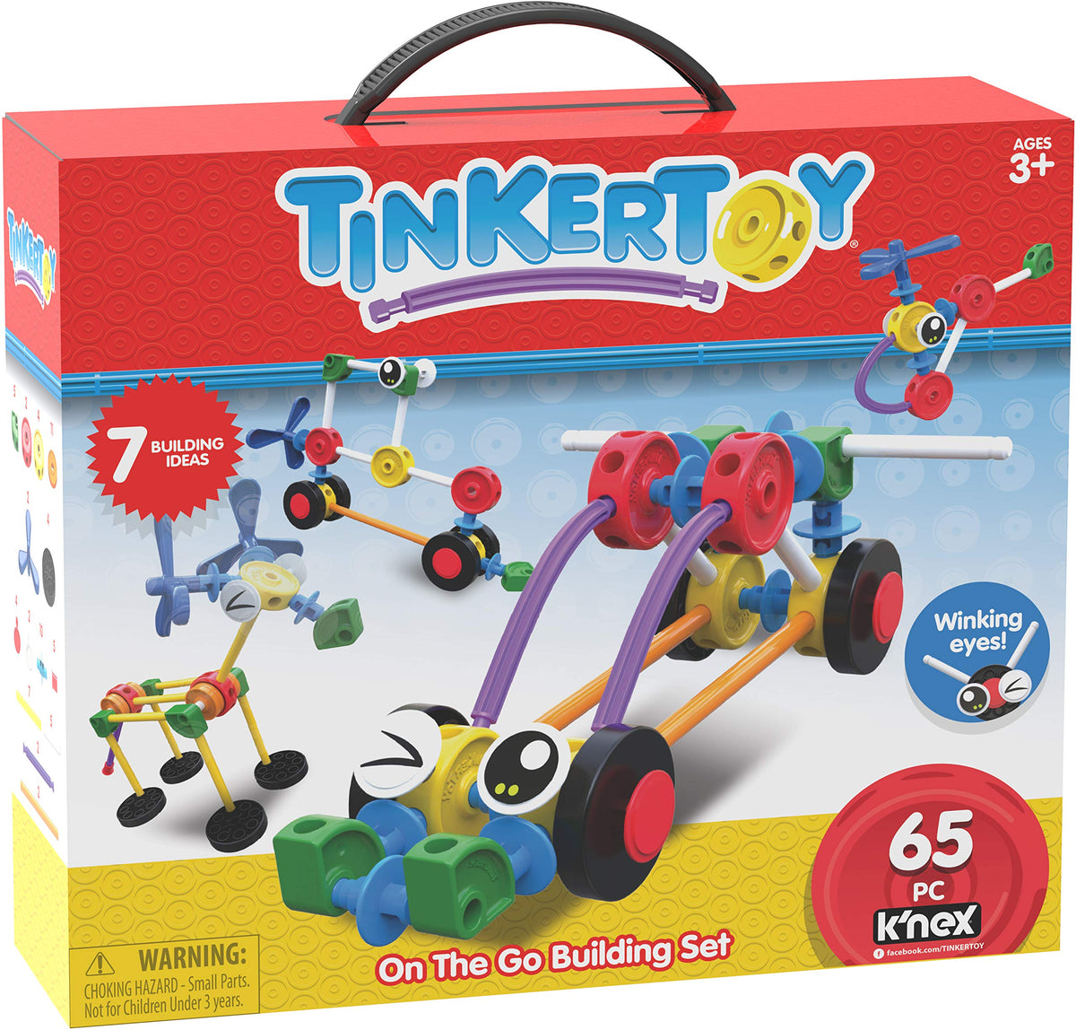 Tinkertoy On The Go set with train model demonstrates durable, snap-together play for developing coordination.