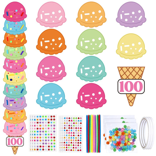 Packaging for Tinlade 100th Day Ice Cream Craft Kit shows contents for quick classroom setup.