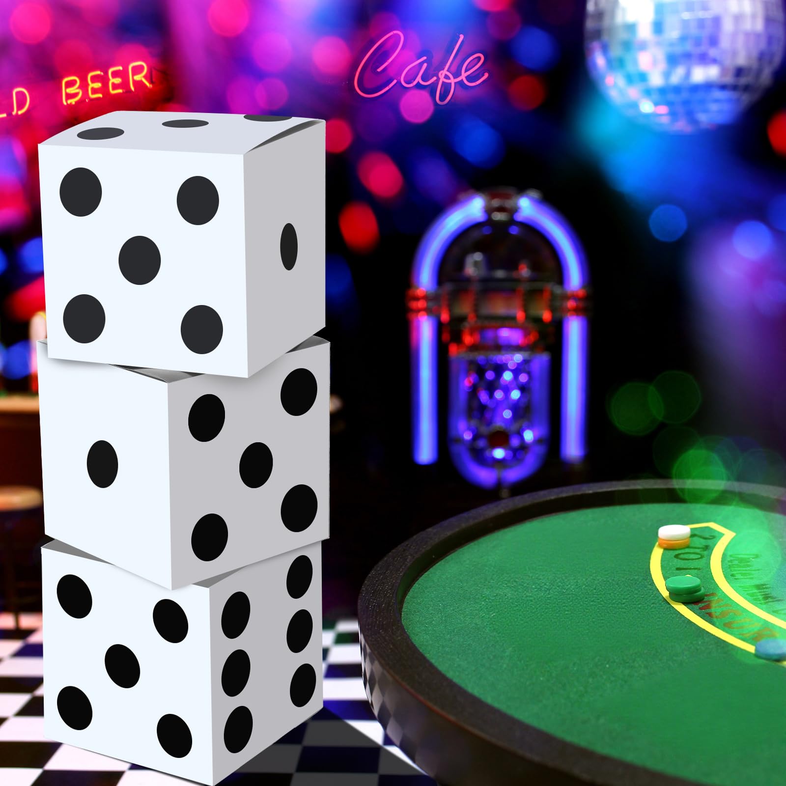 Tinlade jumbo dice decoration supports gifts, photos, or balloons for festive lines.