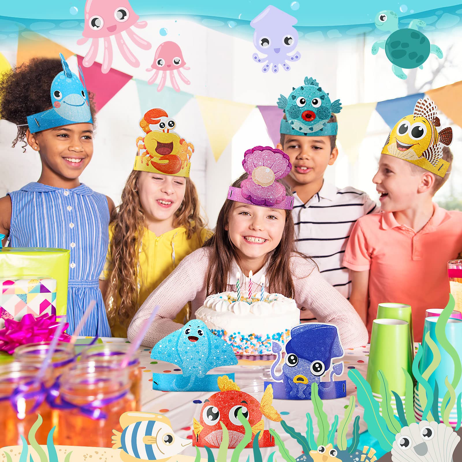 Tinlade ocean theme hats assortment display, perfect for bright sea party decorations and photo ops.