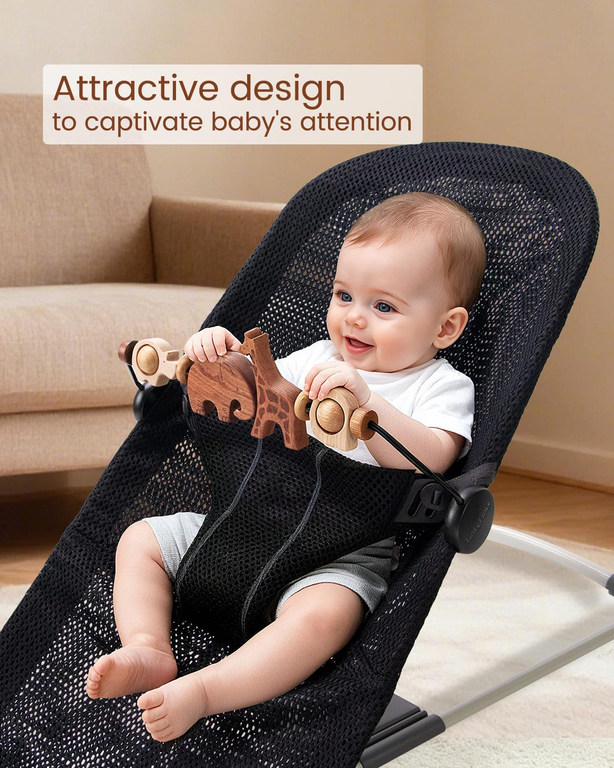 Solid wood animals in bright colors stimulate curiosity during playtime
