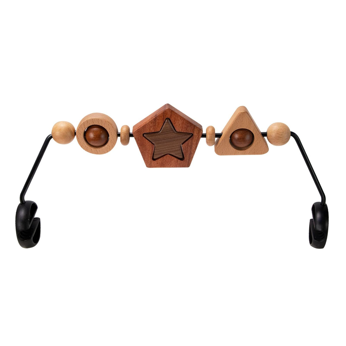 TinlyFinly baby bouncer toy bar with wooden geometric shapes for visual and tactile engagement