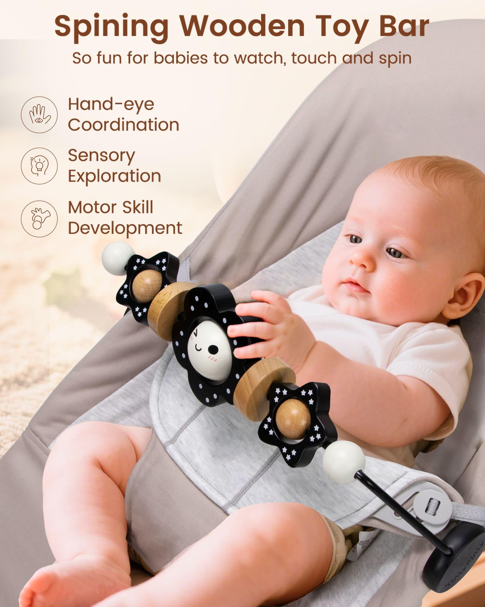 TinlyFinly clip attachment on the bar demonstrates secure hold for varied frame sizes.