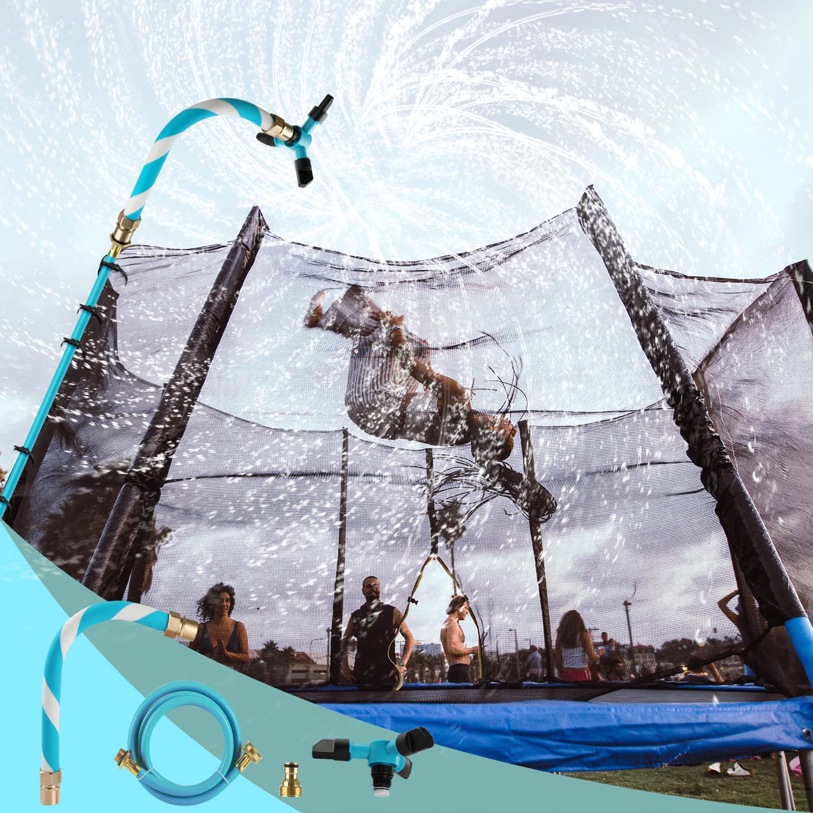 TINPOO trampoline sprinkler with three-arm design delivering refreshing spray for kids