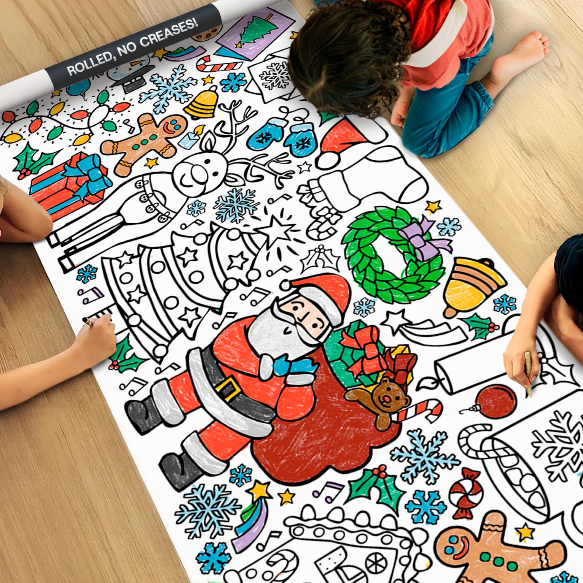 Tiny Expressions Christmas coloring tablecloth rolled for easy storage and no creases.