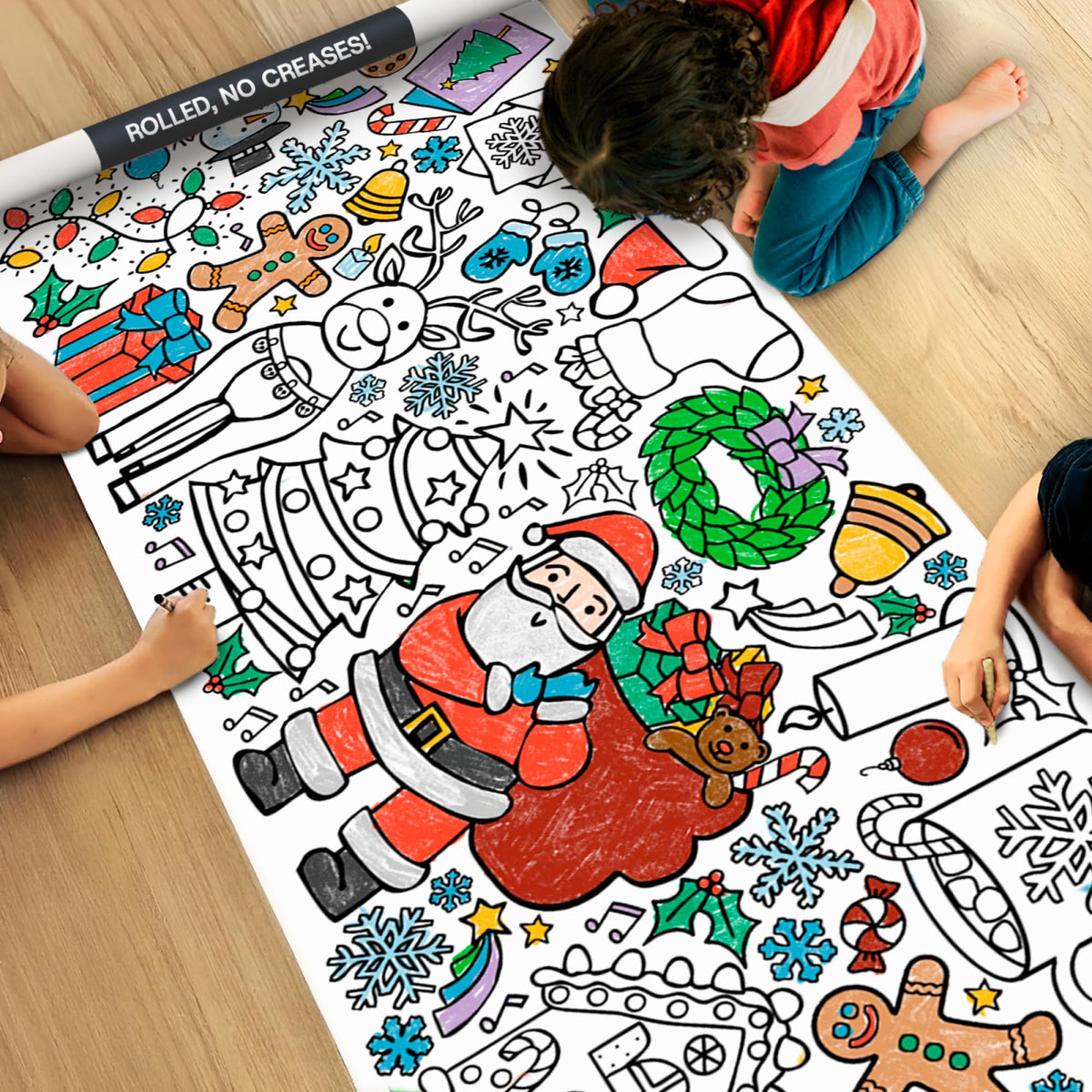 Tiny Expressions Christmas coloring tablecloth rolled for easy storage and no creases.