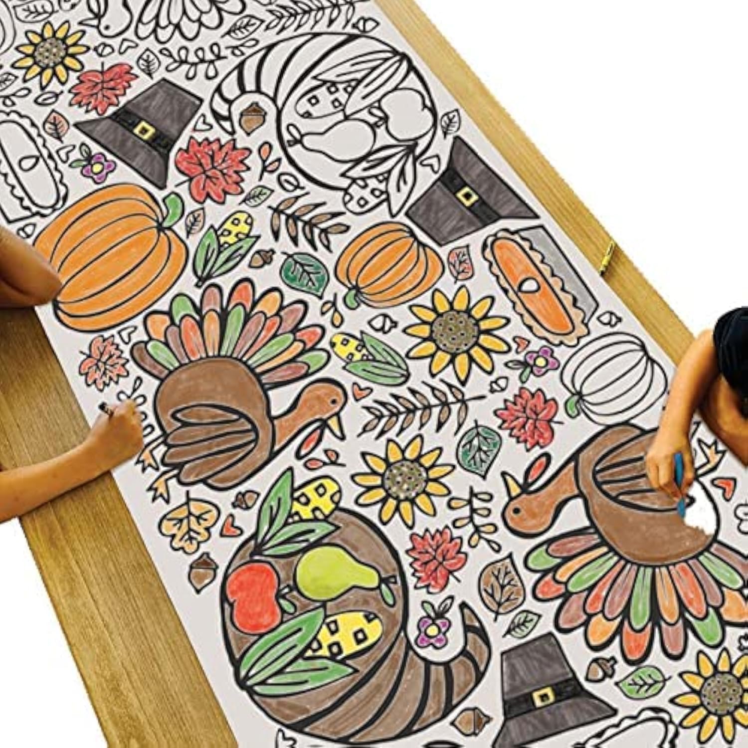 Tiny Expressions Thanksgiving coloring tablecloth, rolled for flat setup and crease-free coloring.