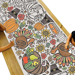 Tiny Expressions Thanksgiving coloring tablecloth, rolled for flat setup and crease-free coloring.