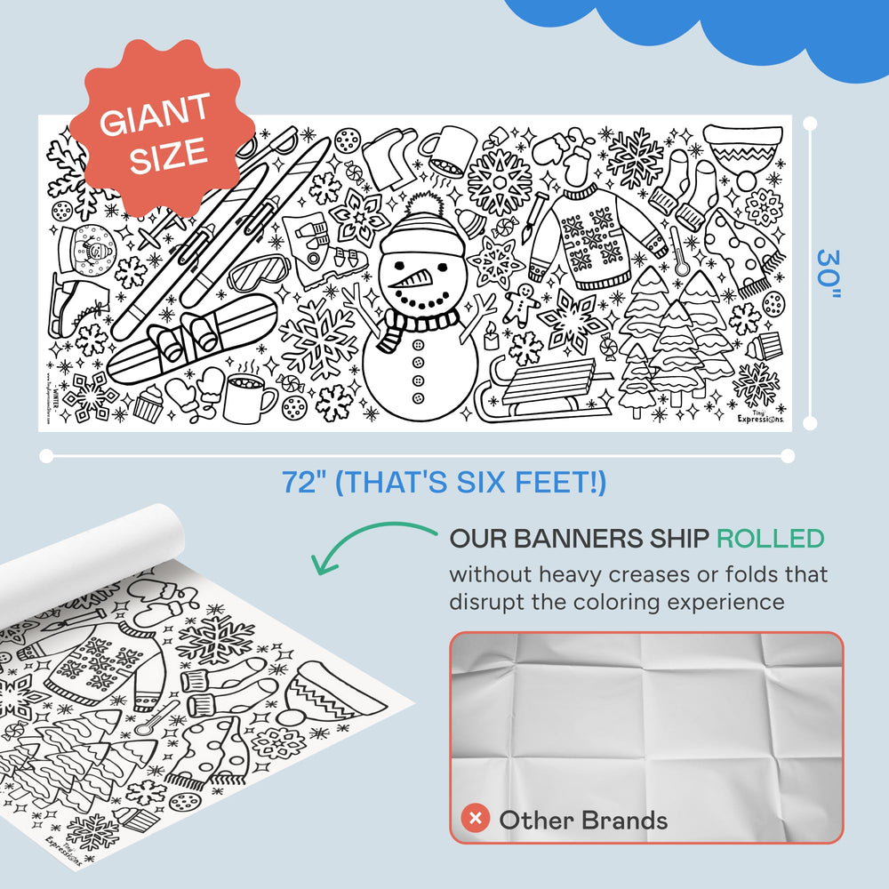 Tiny Expressions winter coloring poster laid flat on table for large, mess-free coloring