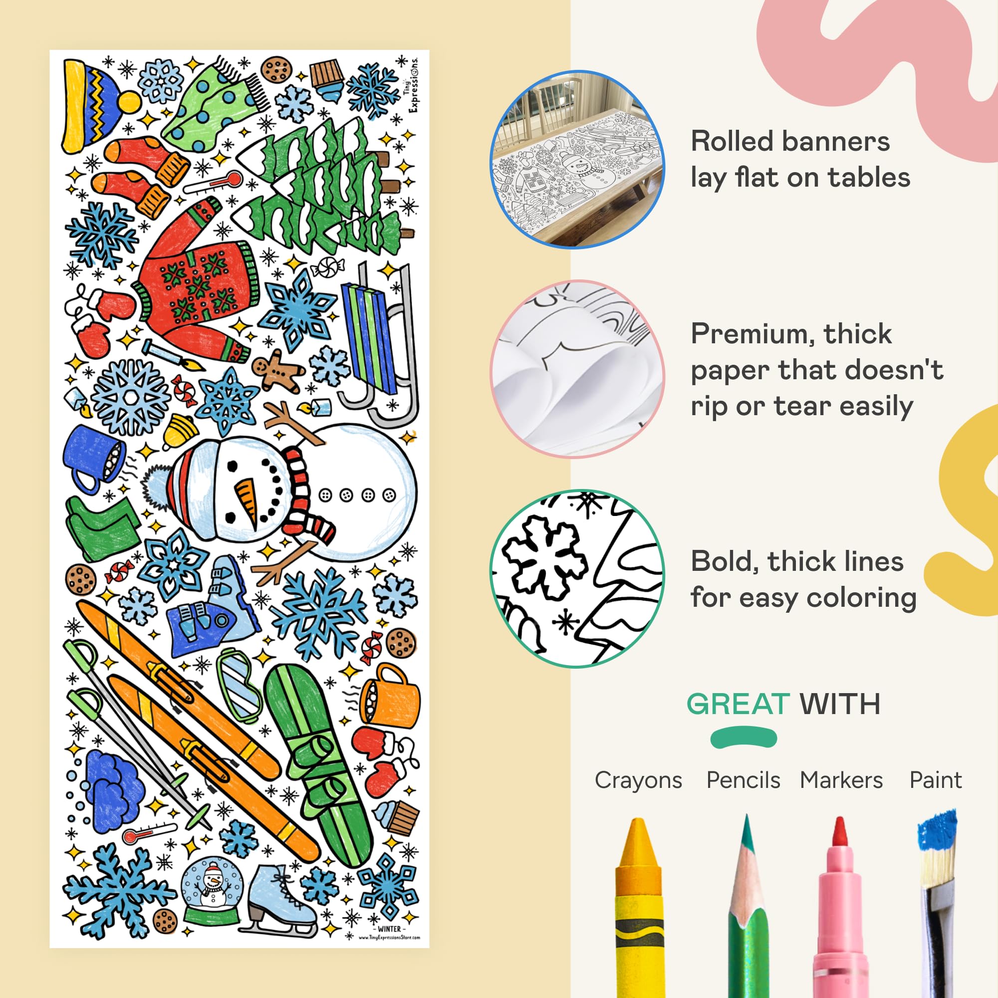 Tiny Expressions winter coloring poster shown on wall as festive decor and color activity