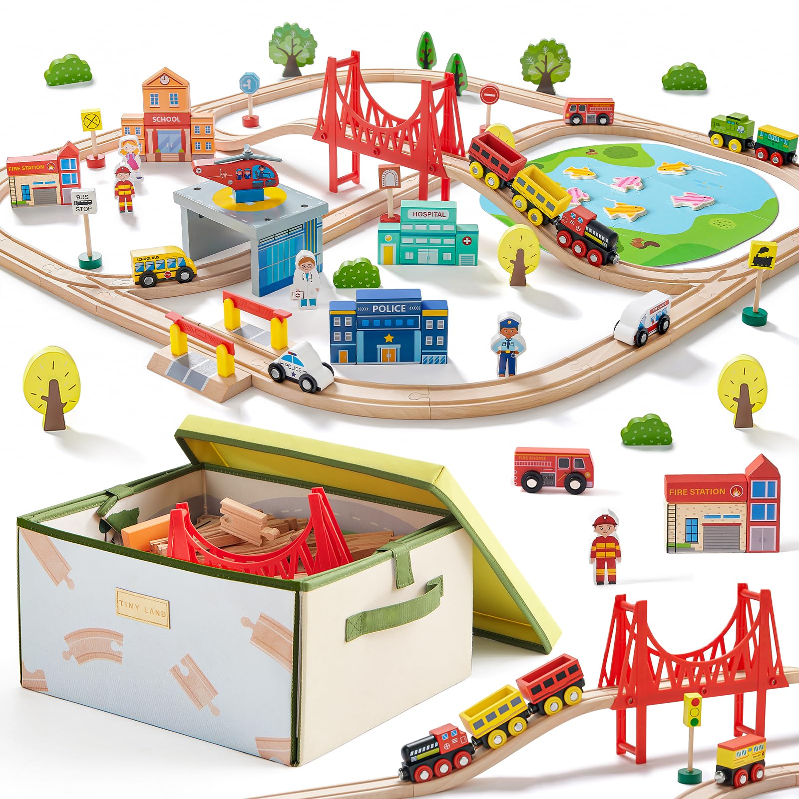 Tiny Land 110-piece wooden train set with storage box provides easy cleanup and portability.