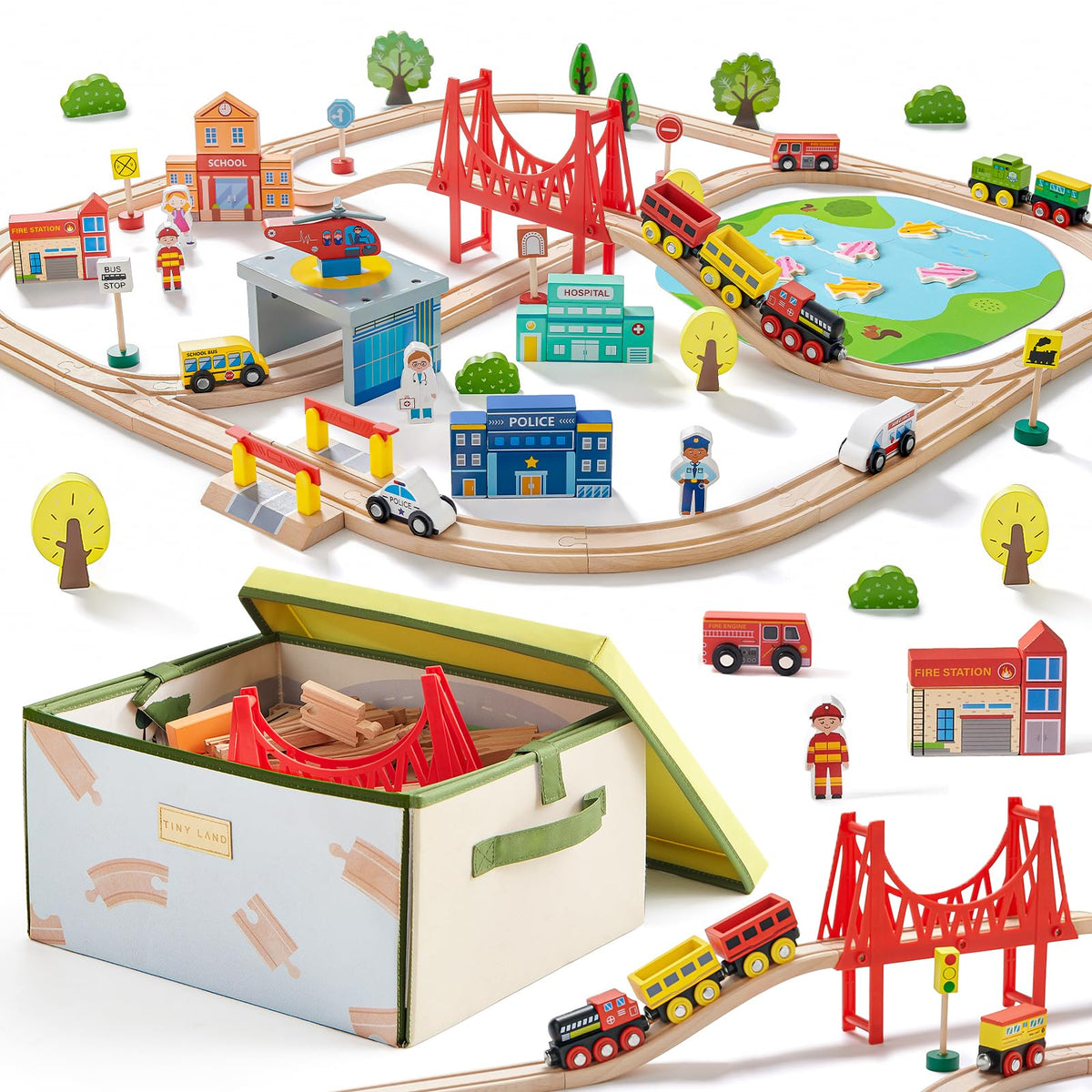 Tiny Land 110-piece wooden train set with storage box provides easy cleanup and portability.