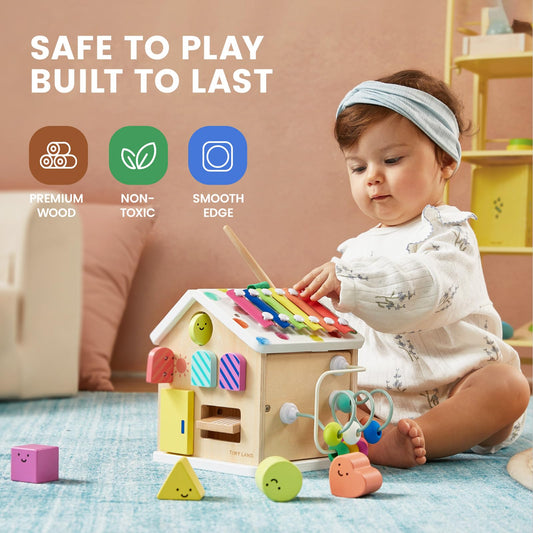 Tiny Land 9-in-1 cube bead maze side boosts hand-eye coordination.