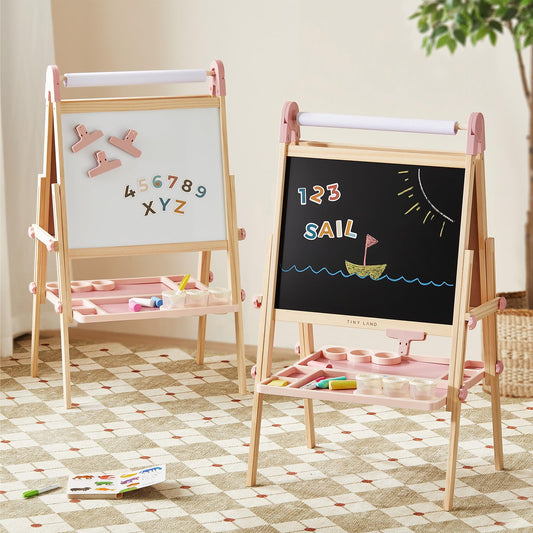 Tiny Land easel with dual magnetic boards and accessories for creative home play