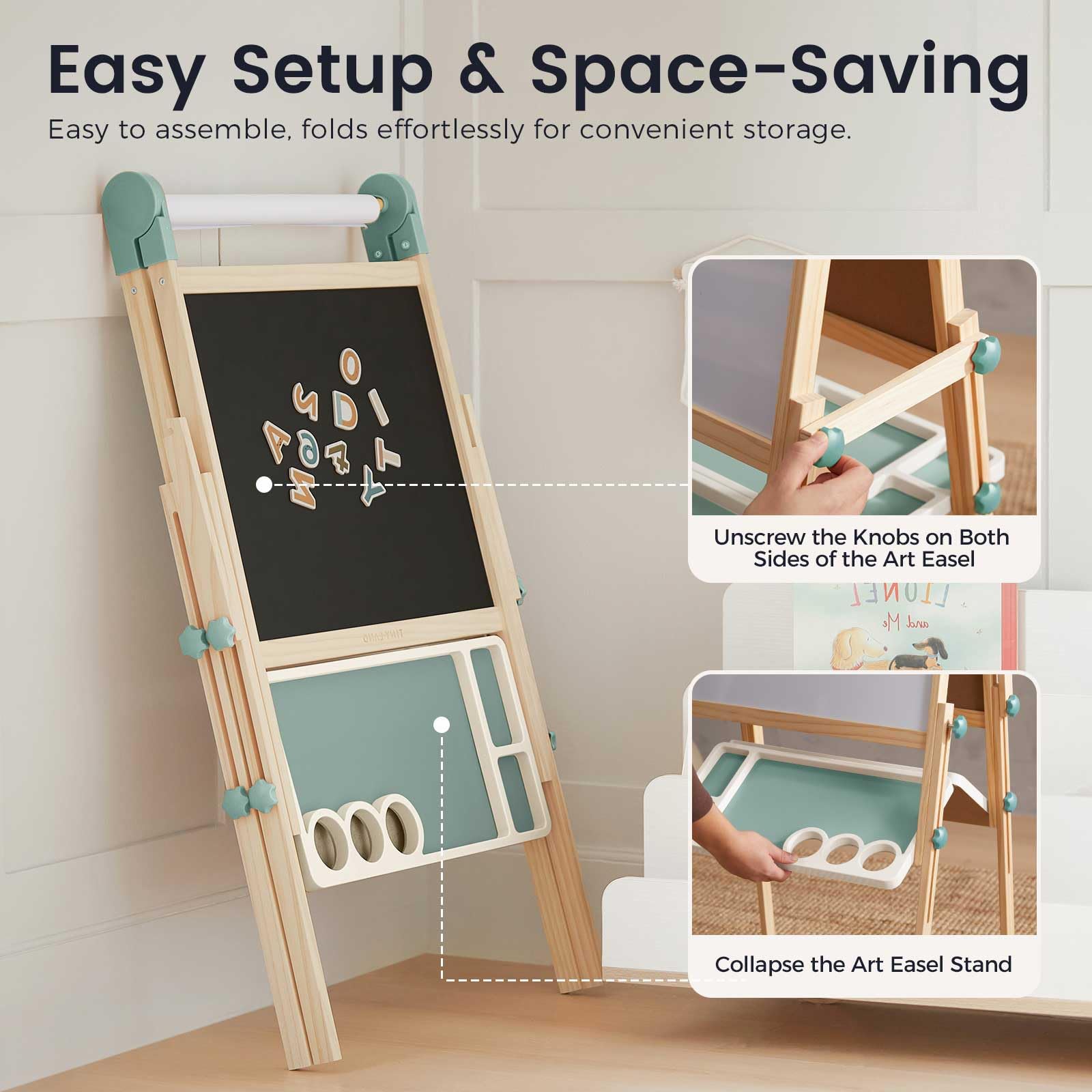 Tiny Land adjustable height easel grows with children from 3 to 8 years.