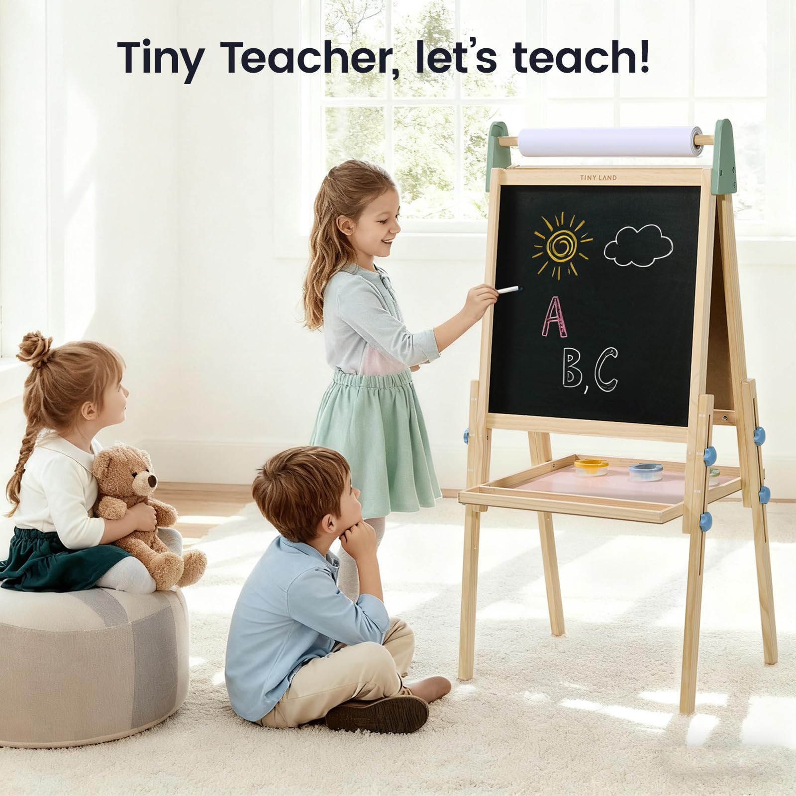 Tiny Land home-classroom easel fits in compact spaces for learning.