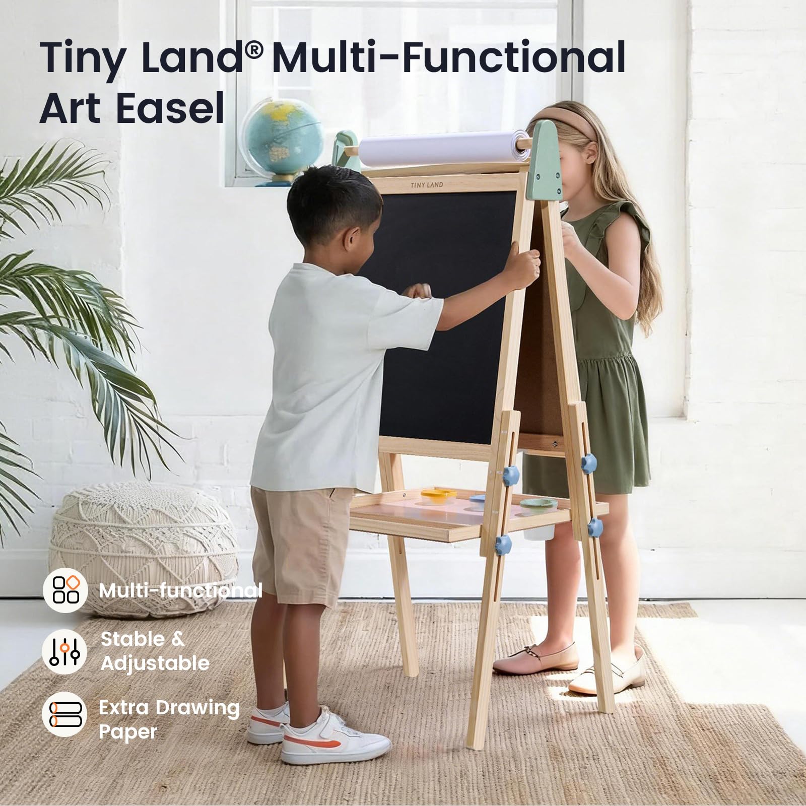 Tiny Land easel with magnetic board enables quick, mess-free doodling.