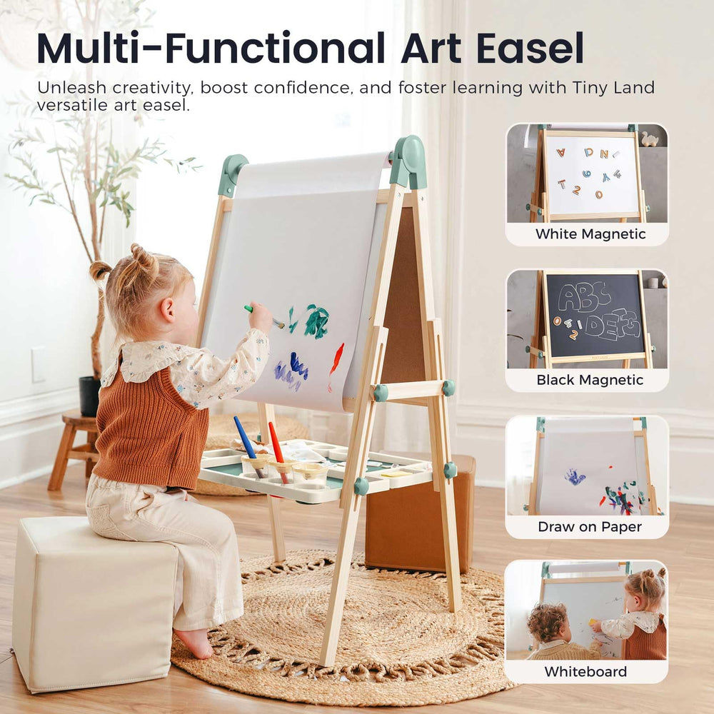 Tiny Land easel with paper roll invites large free drawing sessions.