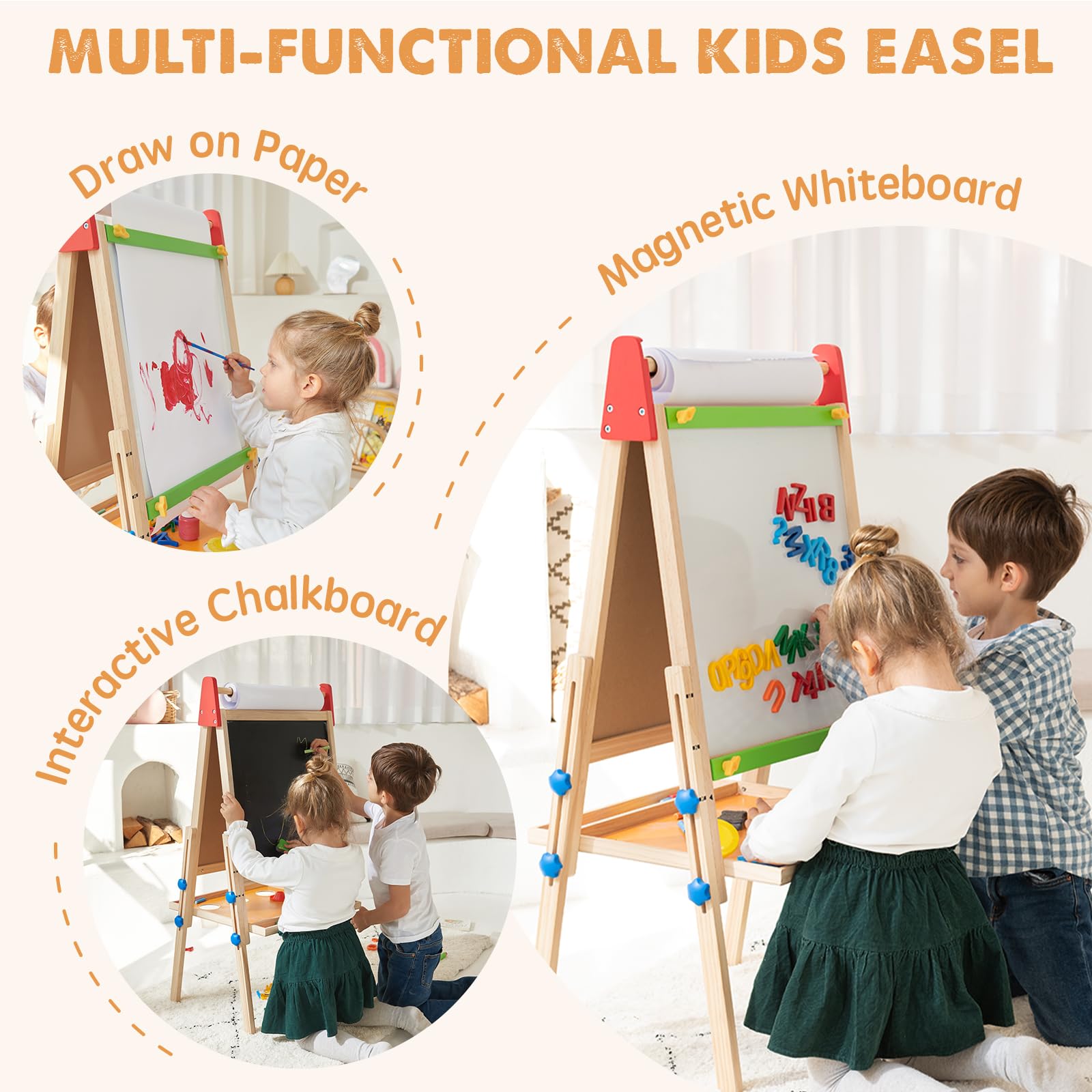 Tiny Land easel with paper roll for convenient kid-friendly drawing sessions.