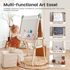 Tiny Land easel with paper roll invites large free drawing sessions.