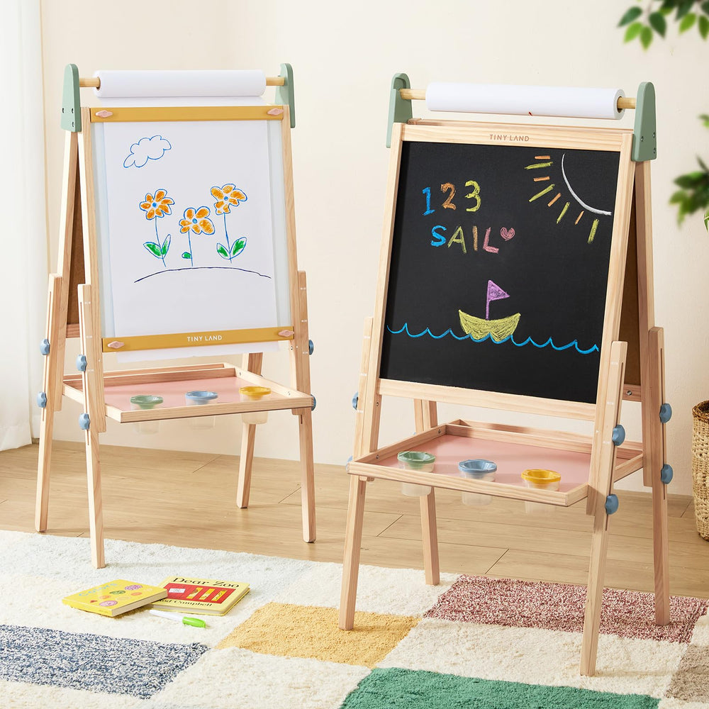Tiny Land wooden-frame easel offers sturdy support for young artists at home.